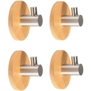 4 sticky door hooks, 304 stainless steel brackets and bamboo, hanging belt hooks, scarves, helmets, housekeeping and kitchen (
