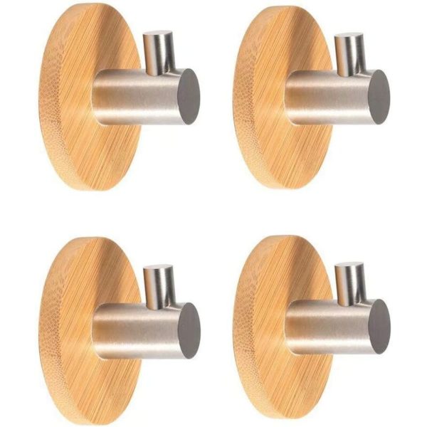 4 sticky door hooks, 304 stainless steel brackets and bamboo, hanging belt hooks, scarves, helmets, housekeeping and kitchen (