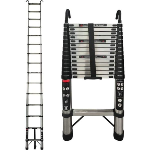4.4M/14.4FT Telescopic Ladder Extension Ladder with 2 Detachable Hooks, Stainless Steel Telescopic Extension Extendable Ladder Roof Ladders for Home,