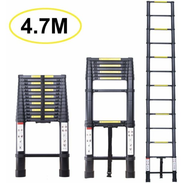 4.7M Telescopic Ladder, Extendable Aluminum Ladder Multi-Function Ladder, Max Load 150KG, All Black