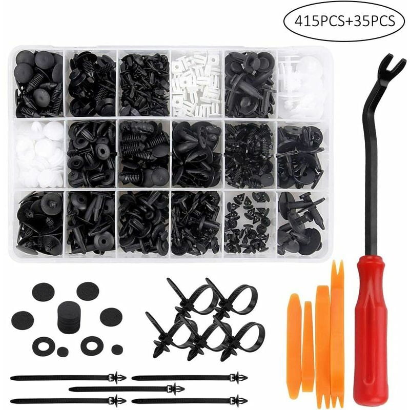 415 Plastic Rivet Clips, Plastic Rivet Protector Fastener, Black and White Universal Car Clips with Storage Box and Install Tool