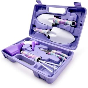 5 Piece Garden Tool Set with Transplanter Scissor Rake Rust Sprayer and Box (Purple)