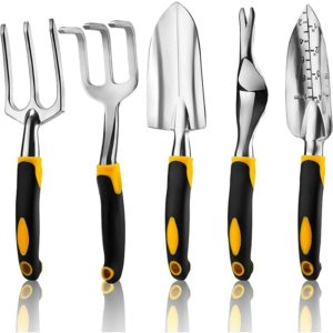 5 Piece Gardening Tools Set, Garden Tools with Heavy Duty Cast-Aluminium Heads & Ergonomic Handles, Gardening Gifts for Men Women Including Shovel,