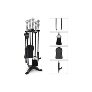 5 Pieces Fireplace Tools Sets Silver Handles Wrought Iron Fire Place Tool Set Iron Log Holder Fire Pit Stand Fire Tongs Shovel Chimney Poker