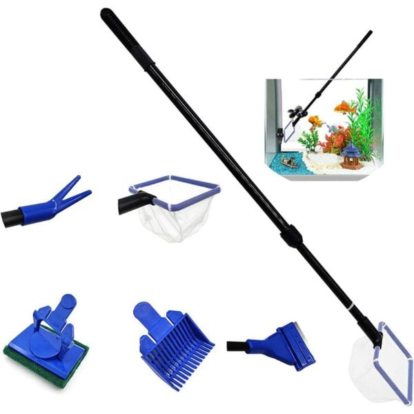 5 in 1 Aquarium Cleaning Kit, Fish Tank Cleaning Tool Set Fishnet Gravel Rake Algae Scraper Float Sponge Fork for Fish Reef Plant Glass