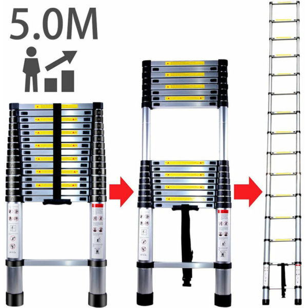 5.0M Aluminum Telescopic Ladder DIY Foldable Retractable Ladder Multifunction Load 150kg, Black