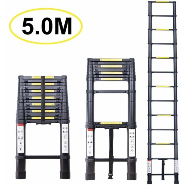 5.0M Telescopic Ladder, Extendable Aluminum Ladder Multi-Function Ladder, Max Load 150KG, All Black