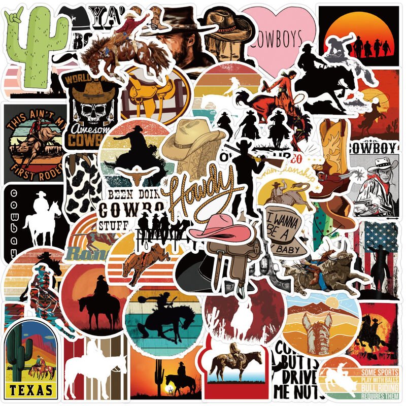 50PCS Cowboy Stickers, Country Western Decals Vinyl Waterproof Stickers for Water Bottle Laptop Luggage Helmet Skateboard Snowboard Guitar Scrapbook