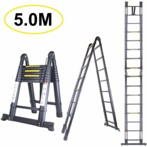 5M Folding Aluminum Telescopic Ladder (2.5M+2.5M), Foldable DIY Multifunction Retractable Ladder Load 150kg, All Black