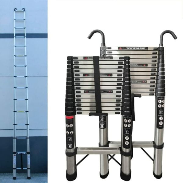 5M Telescopic Ladder Extension Ladder with 2 Detachable Hooks, Stainless Steel Telescopic Extension Extendable Ladder Roof Ladders for Home, Compact