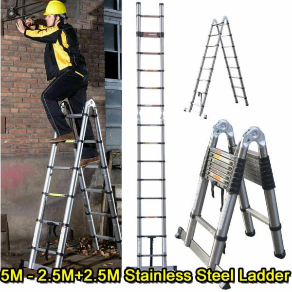 5M(2.5+2.5M) Telescoping Step Ladder Heavy Duty Stainless Steel Folding Stepladder Max Load 50kg/330lb For Cleaning Job Building Maintenance Painting