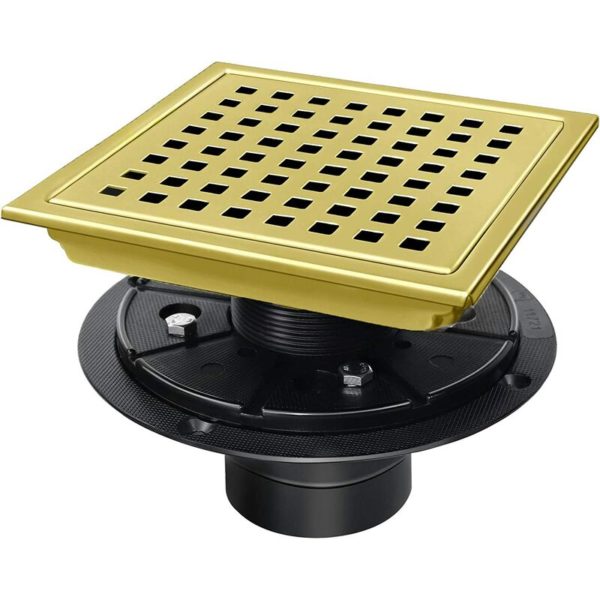 6 Gold Shower Trap with Flange, SUS304 Stainless Steel Square Floor Drain, Quadrato Pattern Removable Grate, Height Adjustable Threaded Ring and