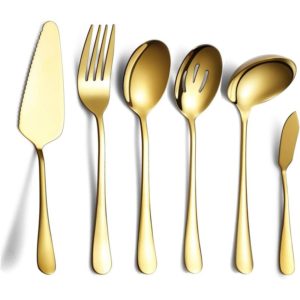 6 Piece Gold Cutlery Set,Including Cake Shovel, Slotted Serving Spoon, Serving Spoon, Cold Meat Fork, Butter Knife, Soup Ladle