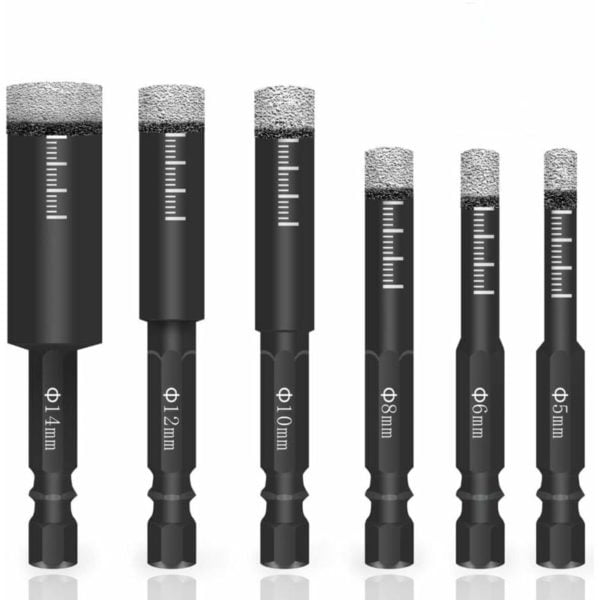6 dry diamond bits for ceramic floor, vacuum brazing diamond bit kit for granite, marble, masonry, concrete, glass, hard plastic, (5/6/8/10/12/14 mm)