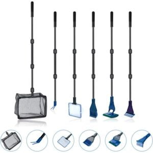 6 in 1 Aquarium Cleaning Kit with Fish Net, Landing Net, Gravel Rake, Plant Clip, Squeegee, Sponge and Connector (6 in 1)