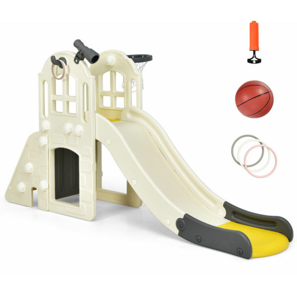 6 in 1 Large Kids Slide, Toddler Climber Slide Set with Basketball Hoop, Ring Toss and Telescope, Indoor Outdoor Freestanding Slider Playset (Yellow)