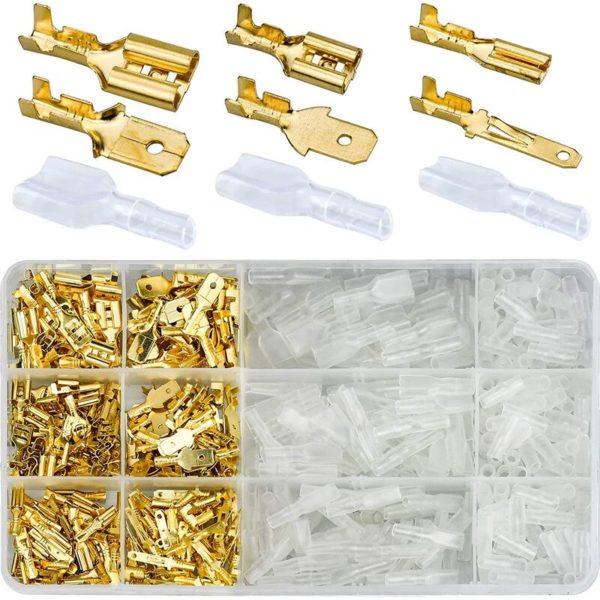 600 Pcs Brass Crimp Terminals, 2.8/4.8/6.3mm Electrical Lug with Insulation Sleeve Male Female Spade Wire Connectors Crimp Terminal for Automotive