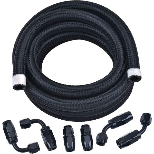 6AN Fuel Line Kit, 10 ft Black CPE Nylon Braided Fuel Hose (11/32 ID)