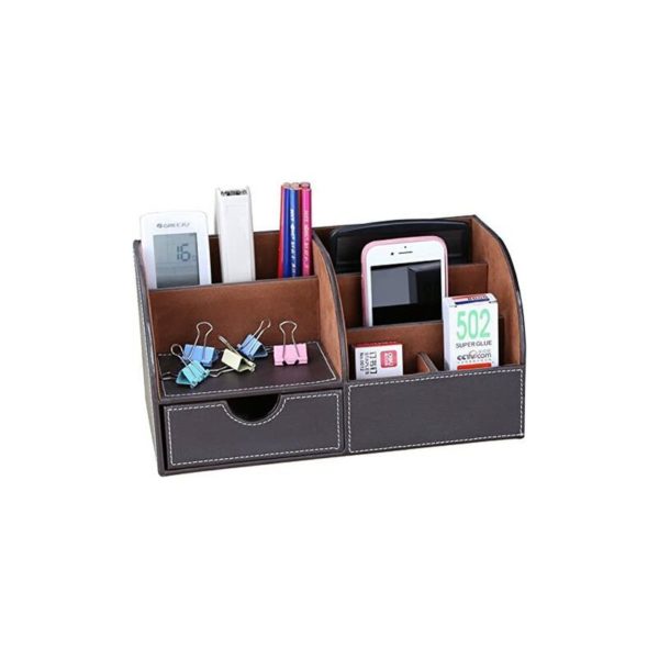 7 Compartments pu Leather Desk Accessories Desk Organizer Collection Stationery Storage Box Tidy Desktop Office Stationery Box (Brown)