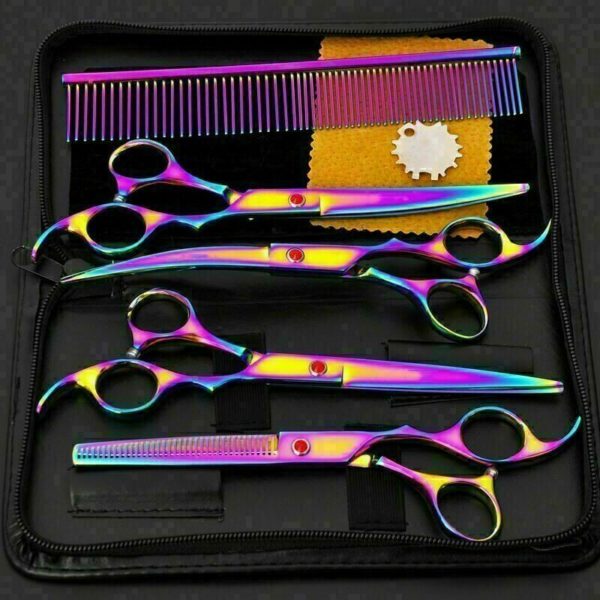 7 Inch Professional Pet Grooming Scissors Set Straight, Curved, Thinning and Steel Shear Kit for Dog, Cat and Pets ,Color
