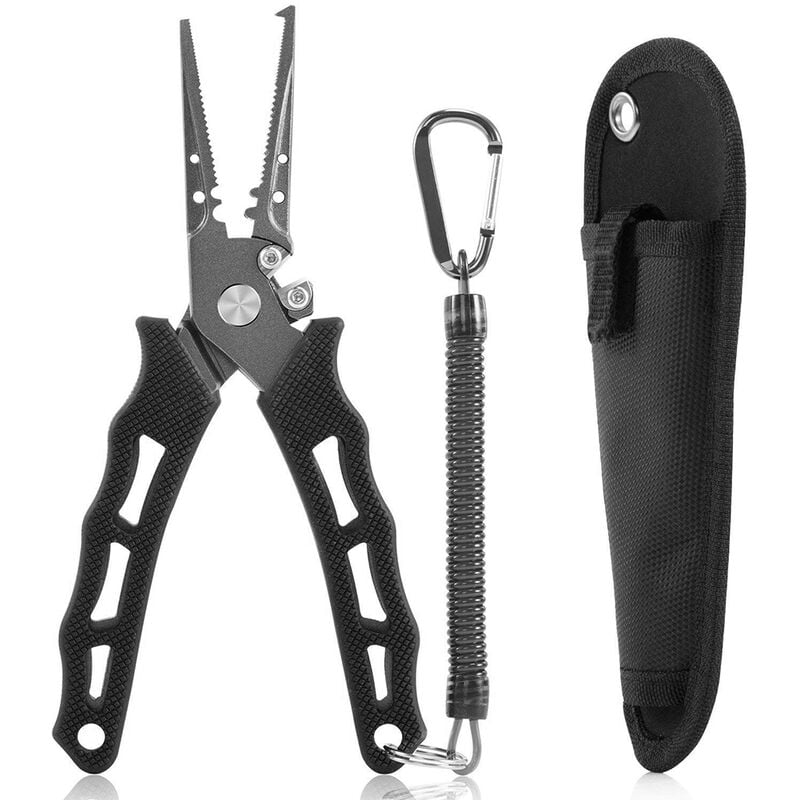 7.3 Inch Fishing Pliers Hook Removers Split Ring Line Cutters Fishing Multi Tools with Sheath and Lanyard,model:Black