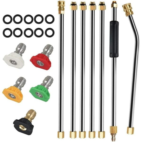 7Pcs/Set 4000 PSI Pressure Washer Extension Wands Stainless Steel Gutter Cleaning Tools Telescopic Replacement Lance Window Washer Nozzle Tips