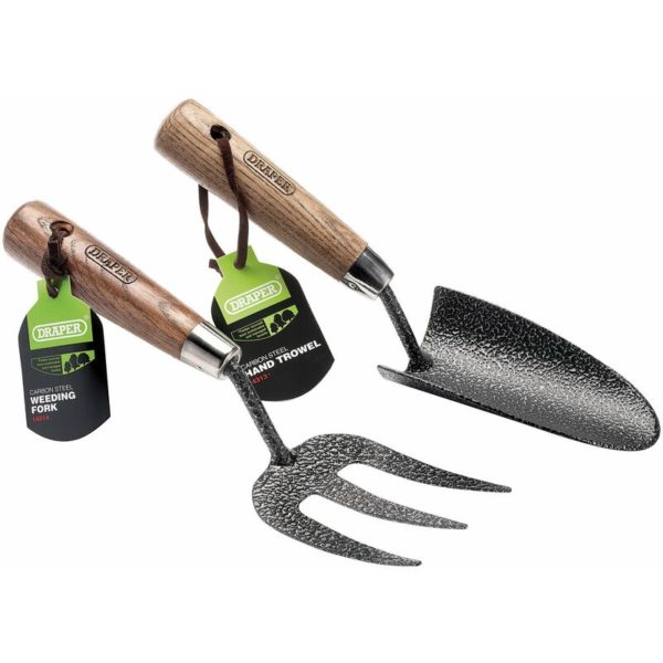 83776 Carbon Steel Heavy Duty Hand Fork and Trowel Set - Ash Handles 2 Pc - Draper