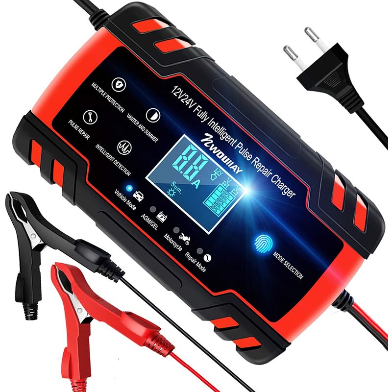 8A 12V/24V Portable Smart Battery Charger with LCD Touch Screen Multiple Protections Type,Red