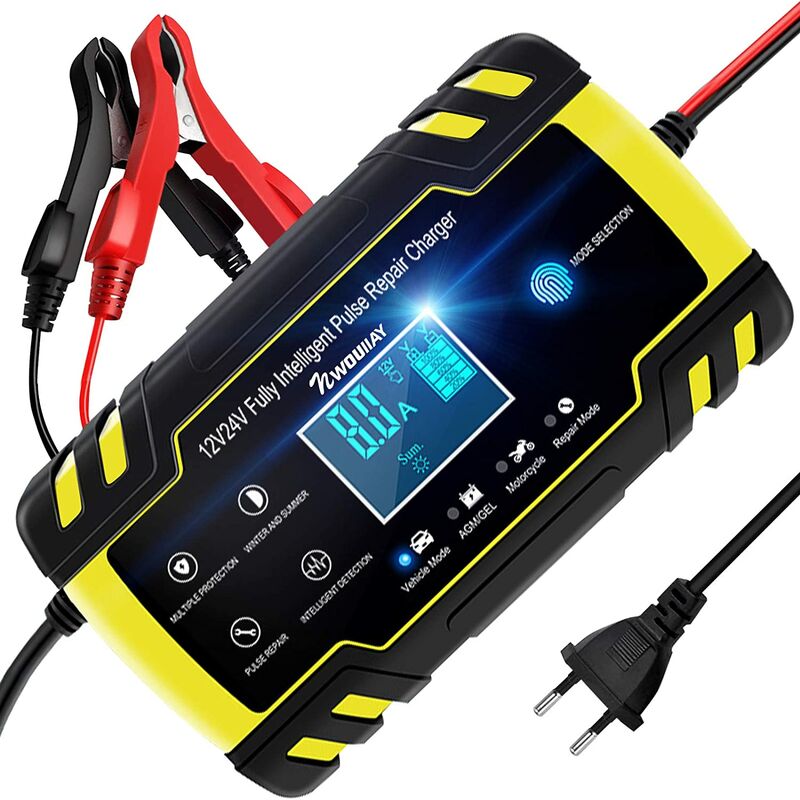 8A 12V/24V Portable Smart Battery Charger with lcd Touch Screen Multiple Protections Type,Yellow