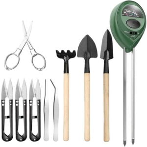 9pcs bonsai tools set with soil moisture meter, 3 in 1 moisture/sunlight/ph sensor, includes pruner, folding scissors, mini rake, buds and leaves.