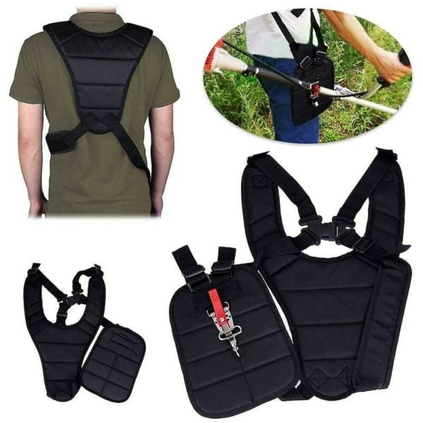 Adjustable padded shoulder harness for garden brush cutter