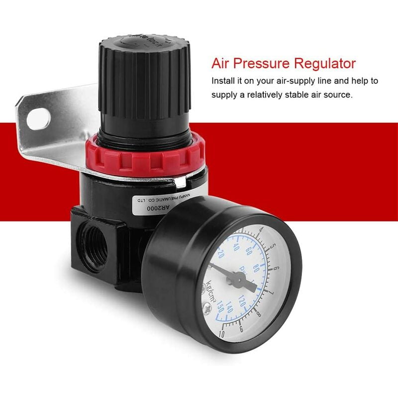 Air Pressure Regulator, AR2000 G1/4 Air Operated Compressor with Gauge, 1/4&34 Aluminum Alloy Adjustable Air Pressure Gauge Valve with Bracket