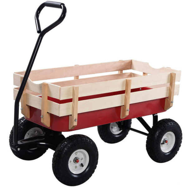 All-Terrain Hand Truck Pulling with Wooden Ramp Pneumatic Tires Children Kindergarten with Tipper Trailer 4 Tires Max 150kg Gardening - Red