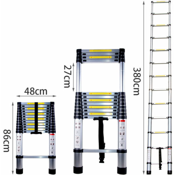 Aluminum Alloy Single Side Telescopic Ladder, Outdoor Household Portable Ladder Maximum Load: 150kg 3.8M - Silver