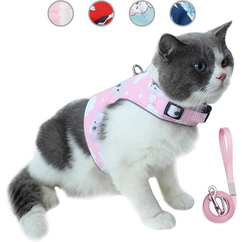 Anti-Escape Cat Leash and Harness Set, Adjustable Soft Mesh Breathable Pet Reflective Vest with Innovative Anti-Lost Card (M,Pink)
