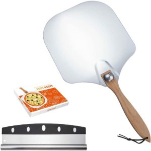 Aougo - 12 Inch Pizza Shovel, Stainless Steel Pizza Cutter, Aluminum Pizza Shovel with Foldable Wooden Handle + Pizza Cutter for Baking Pizza Pies,