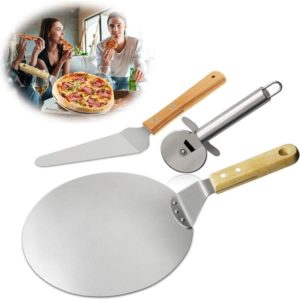 Aougo - 3 pieces pizza cutter, pizza shovel, stainless steel cake shovel wooden handle, ideal for pie, pizza or cake