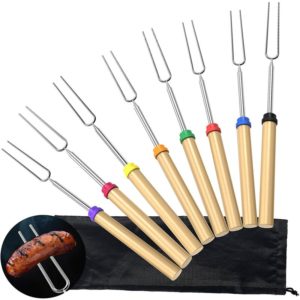 Aougo - 8 Stainless Steel Barbecue Skewers, 81.3cm Telescopic Barbecue Fork Extendable Wood Handle Roasting Sticks for bbq