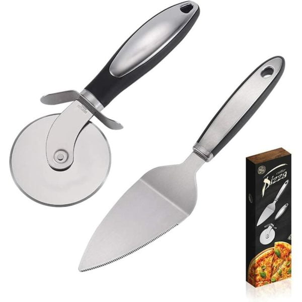 Aougo - Parts Pizza Cutter, Pizza Rollers and Pizza Shovel in Stainless Steel with Non-Slip Handle for Pie, Pizza or Cake, Dishwasher Safe