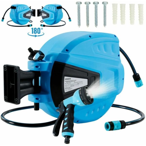 Arebos - Hose Pipe Reel 20 m Swivel Hose Reel Wall Hose Box with Locking Stop Includes Wall Mount Automatic Reel Mechanism Blue - blue