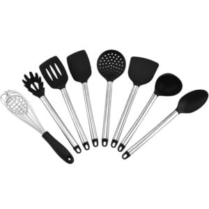 Asupermall - 8PCS Silica Gel Kitchen Suit Stainless Steel Handle Kitchen Tool Suit For Non-Stick Pan Shovel And Spoon,model:Black & Silver 8pcs