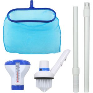 Asupermall - Heavy Duty Pool Cleaning Kit Accessory Maintenance Set with L-eaf Skimmer Rake Net/ Stretchable Telescopic Rod/ Scrubbing Brush/