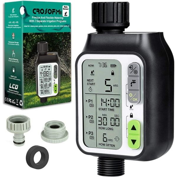 Automatic Water Timer Garden Water Timer Manual Control Waterproof Rain Sensor and 3 Separate Watering Programs