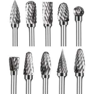 Benobby Kids - 10 Pieces Double Cut Tungsten Carbide Burrs Set 1/8" Rotary Burr Kit 6mm Sharpening Head for Wood Carving, Metal Polishing, Engraving,