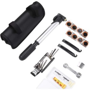 Bike repair tool kit with mini bike pump, multi-tool, tire levers, self-adhesive patches and bike bag