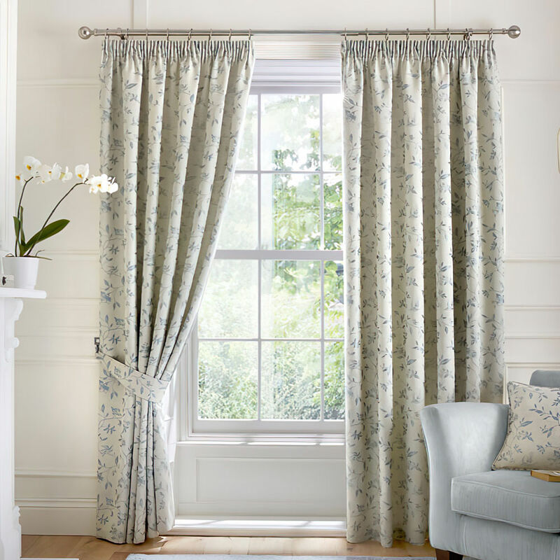 Bird Trail Jacquard Lined Pencil Pleat Curtains, Duck Egg, 66 x 54 Inch ...