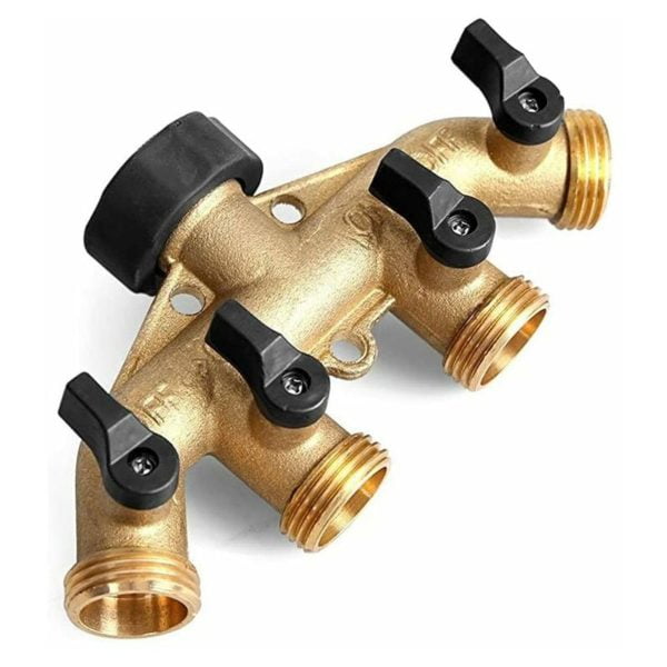 Brass 4 Way Tap Connector, 3/4 Garden Tap Distributor, Hose Splitter with Individual On/Off Outlet Valves for Home Kitchen Garden Washing Machine