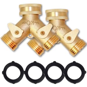 Brass Garden Hose Separator, Solid Brass Hose Y Splitter 2 Valves with 2 Extra Rubber Washers (2pcs)