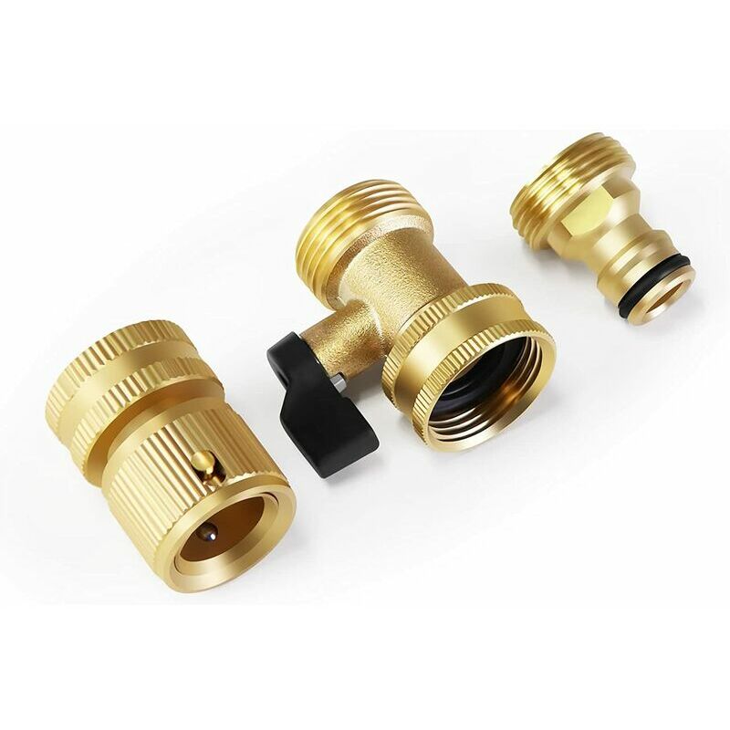 Brass Hose Fitting 3/4 Male Thread Tap Connector & Female Thread Quick Connector & One Step Straight Ball Valve (3pcs)