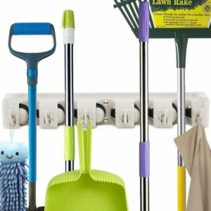 Broom Holder, Wall Mount, Mop Holder, Mop and Broom Holder Organizer, Wall Mounted Rake, Broom Holder, Wall Mount Organizer Rail with 6 Hooks and 5